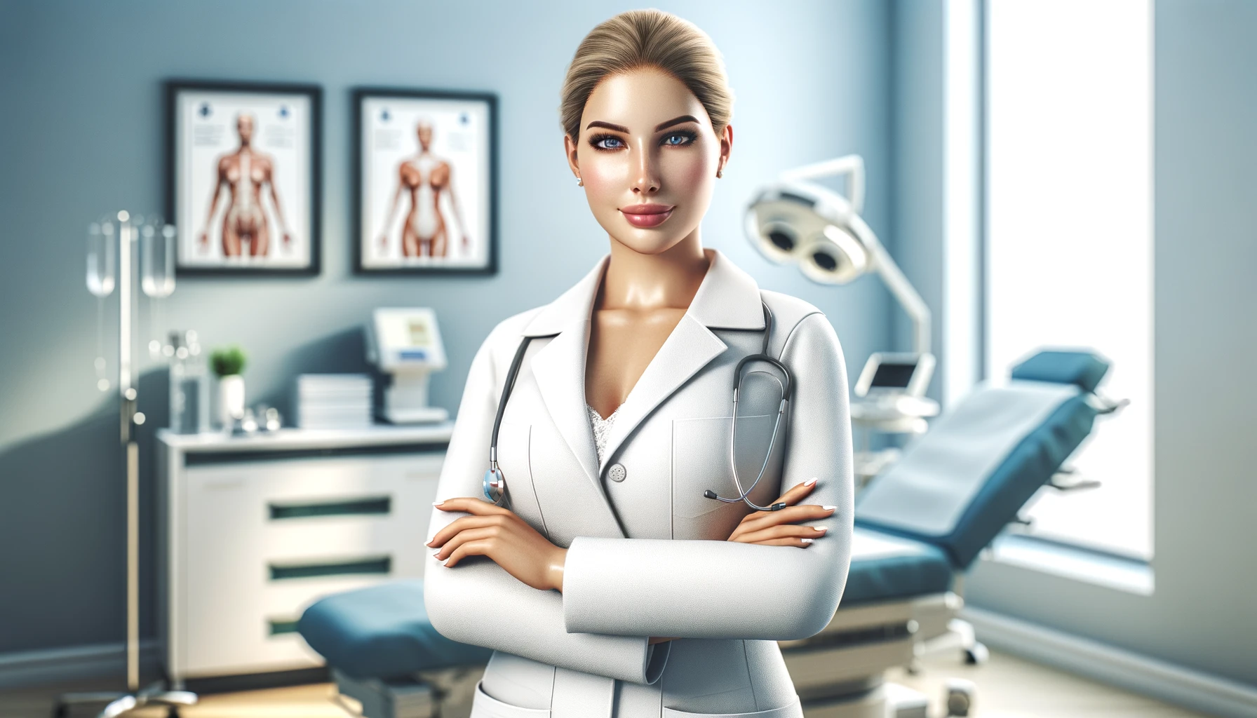 a female plastic surgery doctor in Turkey standing confidently in her clinic